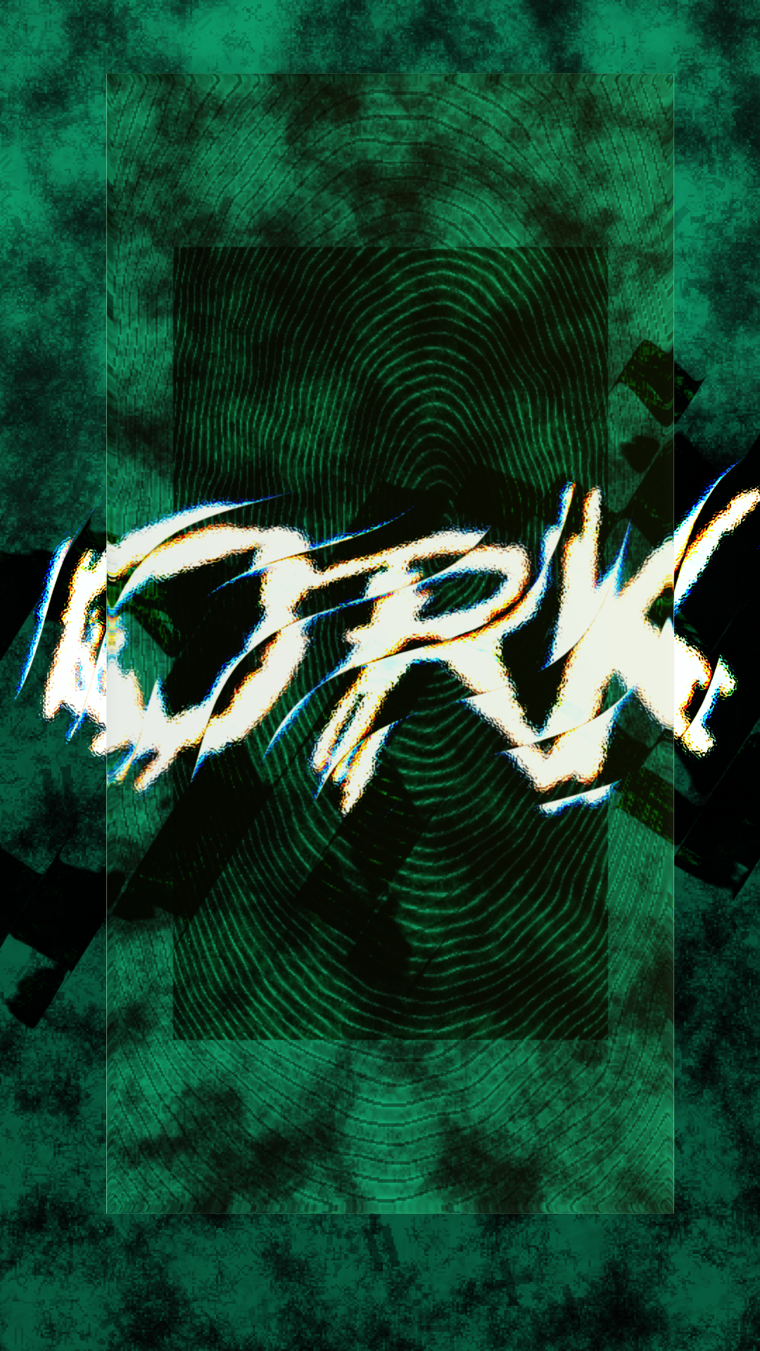 The finished wordmark over green glitch texture