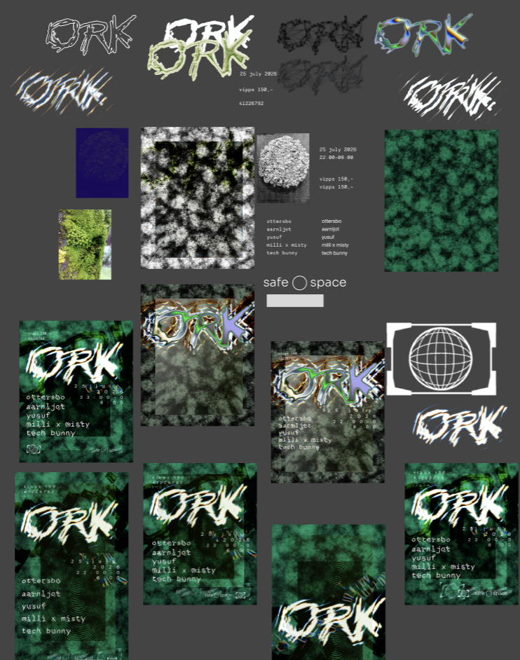Identity board with wordmark variants and posters
